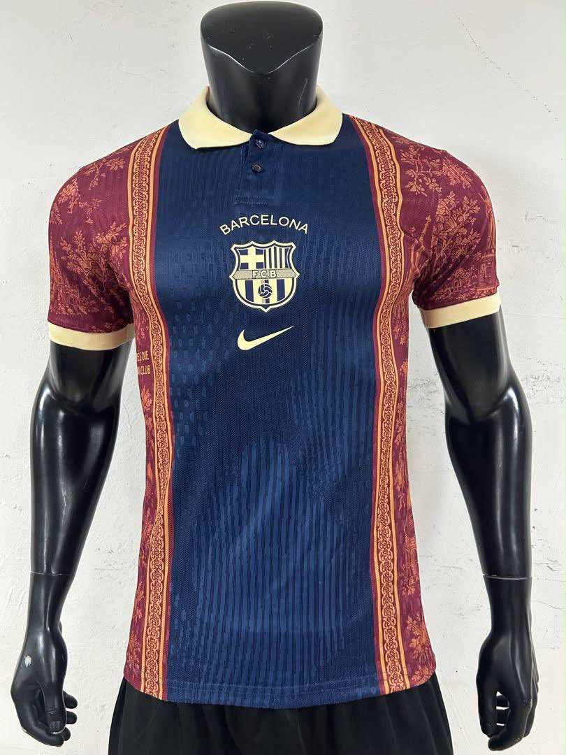 Barcelona Special Edition Toile Football Jersey – Navy & Burgundy Vintage Ornamental Design